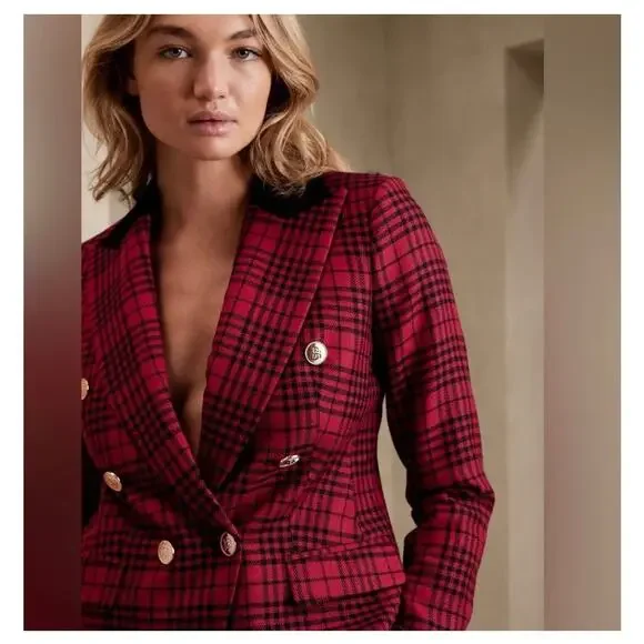 Banana Republic Red Plaid Captains Blazer Size 12/ Large Wool Sculptured Preppy